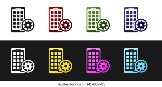 Set Mobile Apps and gear icon isolated on black and white background. Adjusting app, service concept, setting options, maintenance, repair, fixing. Vector Illustration