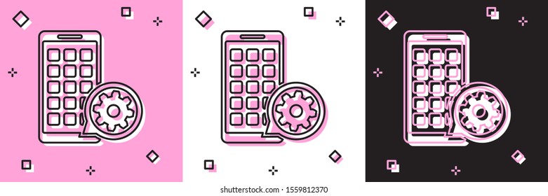 Set Mobile Apps and gear icon isolated on pink and white, black background. Adjusting app, service concept, setting options, maintenance, repair, fixing.  Vector Illustration