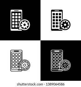 Set Mobile Apps and gear icons isolated on black and white background. Adjusting app, service concept, setting options, maintenance, repair, fixing. Vector Illustration