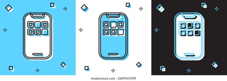 Set Mobile Apps icon isolated on blue and white, black background. Smartphone with screen icons, applications. mobile phone showing screen.  Vector