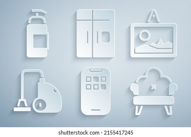 Set Mobile Apps, Picture, Vacuum cleaner, Sofa, Refrigerator and Antibacterial soap icon. Vector