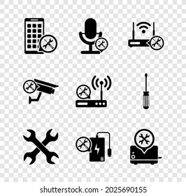 Set Mobile Apps service, Microphone, Router wi-fi with, Crossed wrenchs, Power bank, Toaster, Security camera and  icon. Vector