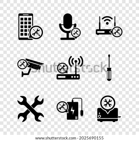 Set Mobile Apps service, Microphone, Router wi-fi with, Crossed wrenchs, Power bank, Toaster, Security camera and  icon. Vector