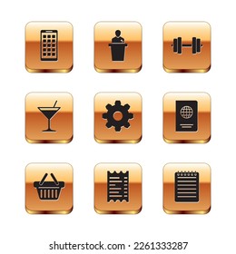 Ajuste aplicaciones móviles, cesta de compras, cheque de papel o financiero, ajustes de engranajes de rueda de coñac, vidrio de Martini e icono de Dumbbell. Vector