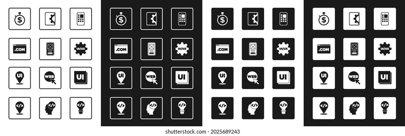 Establece aplicaciones móviles, diseño de interfaz de usuario o UX, tiempo es dinero, desarrollo web e icono. Vector
