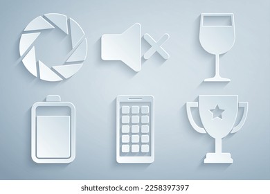 Set Mobile Apps, Wine glass, Battery, Trophy cup, Speaker mute and Camera shutter icon. Vector