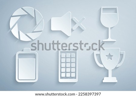 Set Mobile Apps, Wine glass, Battery, Trophy cup, Speaker mute and Camera shutter icon. Vector