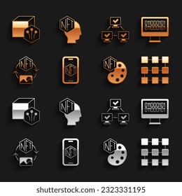 Set Mobile with art store app, Binary code, NFT blockchain technology, Digital crypto,  and  icon. Vector
