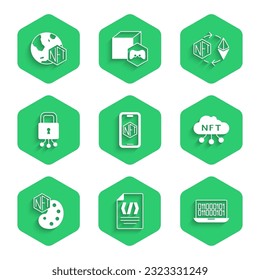 Set Mobile with art store app, Binary code, NFT cloud, Digital crypto, Cyber security, Ethereum exchange and  icon. Vector