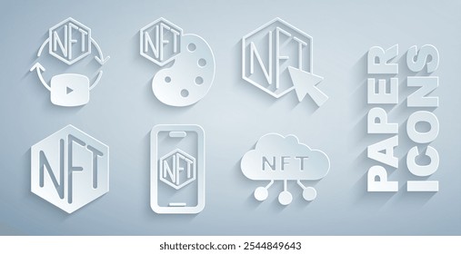 Establezca Mobile con el App de la tienda de arte, NFT Digital cripto, nube e ícono. Vector