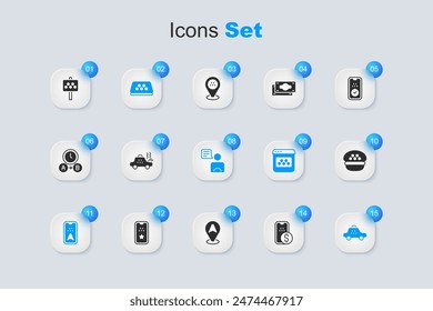 Set Mobile banking, Broken taxi car, Taxi roof, Infographic city map, driver cap, Road sign for stand and  icon. Vector