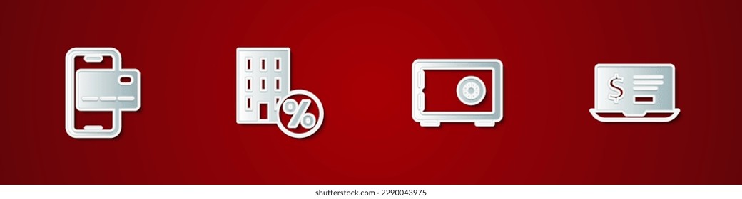 Establezca la banca móvil, Casa con descuento percant, icono de caja fuerte y dólar portátil. Vector