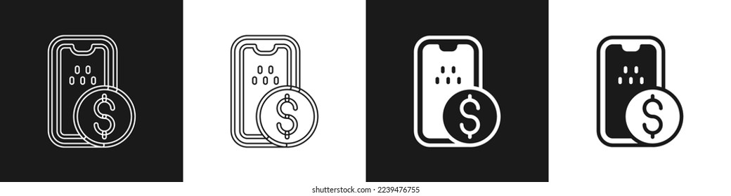 Set Mobile banking icon isolated on black and white background. Transfer money through mobile banking on the mobile phone screen.  Vector