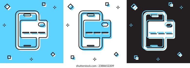 Setzen Sie das Symbol Mobile Banking einzeln auf blauem und weißem, schwarzem Hintergrund. Überweisen Sie Geld über das Mobile Banking auf dem Handybildschirm.  Vektorgrafik