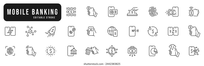 Set of mobile banking line icons. Payment, money, dollar, mobile, finance, wallet etc. Editable stroke