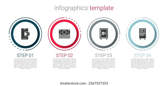Set Mobile banking, Stacks paper money cash, Safe and ATM. Business infographic template. Vector