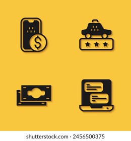 Set Mobile banking, Taxi mobile app, Stacks paper money cash and service rating icon with long shadow. Vector