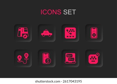 Set Mobile banking, Taxi car, Location taxi, mobile app, call telephone service and Route location icon. Vector