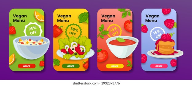 Set of mobile banners for advertising a vegan menu. Collection of posters offering discounts on the dish. Whole food items for diet, vector illustration. Choosing restaurant dish in online application