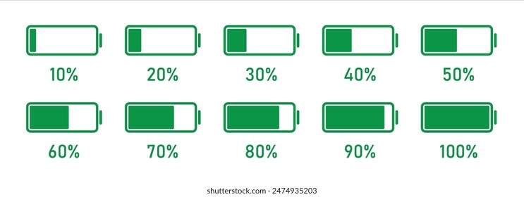 10 a 100% infografías Recargo completo de batería, nivel de energía, progreso, crecimiento, Vector de energía símbolos de signo de color verde.