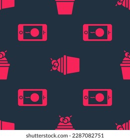 Set Mobile with birthday message and Cake on seamless pattern. Vector