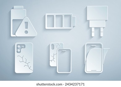 Set Mobile with broken screen, Charger, Glass protector, Battery and Smartphone battery charge icon. Vector