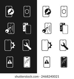 Mobiles Gerät mit kaputtem Bildschirm, Glasschutz, Service, Schild, Telefon-Reparatur und Ausrufezeichen-Symbol. Vektorgrafik