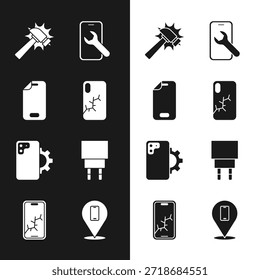 Set Mobile mit kaputtem Bildschirm, Glasschutz, Hammer, Service, Telefon Reparatur, Ladegerät und Symbol. Vektorgrafik