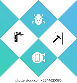 Mobile mit defektem Bildschirm, Telefon-Reparaturdienst, System-Fehler und Symbol. Vektorgrafik