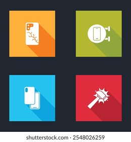 Set Mobile mit kaputtem Bildschirm, Telefon Reparatur-Service, Smartphone und Hammer-Symbol. Vektorgrafik