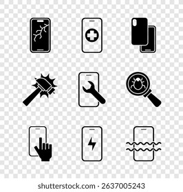 Set Mobile with broken screen, Phone repair service, Smartphone, charging battery, Waterproof, Hammer and  icon. Vector