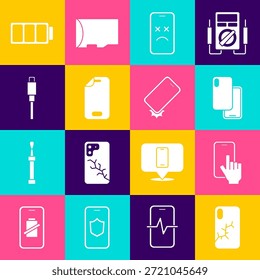 Conjunto móvil con pantalla rota, servicio de reparación de teléfono, teléfono inteligente, móvil muerto, protector de vidrio, cable USB, batería e icono a prueba de golpes. Vector