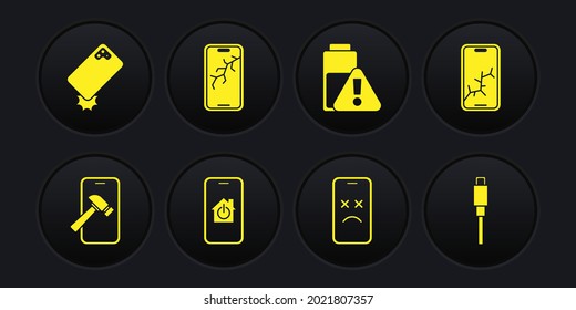 Set Mobile with broken screen, smart home, Dead mobile, Smartphone battery charge, USB cable cord and Shockproof icon. Vector