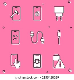 Configure Mobile con pantalla rota, hogar inteligente, cargador, móvil muerto, cable USB, servicio de reparación de teléfono e icono de error del sistema. Vector