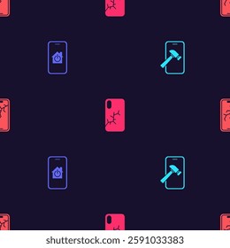 Set Mobile with broken screen, smart home,  and  on seamless pattern. Vector