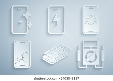 Set Mobile with broken screen, System bug on mobile, Multimeter, charging battery and Glass protector icon. Vector