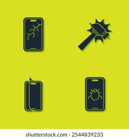 Set Mobile with broken screen, System bug on mobile, Glass protector and Hammer icon. Vector