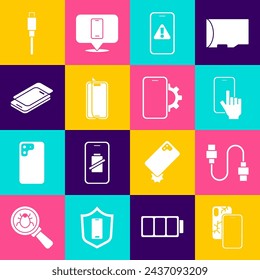 Set Mobile with broken screen, USB cable cord, Phone repair service, exclamation mark, Glass protector,  and  icon. Vector