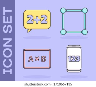 Set Mobile calculator interface, Equation solution, Chalkboard and Geometric figure Square icon. Vector