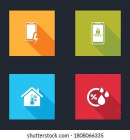 Establezca la batería de carga móvil, la protección de contraseña, la temperatura de la casa y el icono de humedad. Vector.