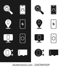 Set Mobile charging battery, Phone repair service, System bug, mobile, with shield, Micro SD memory card and  icon. Vector