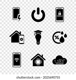 Set Mobile charging battery, Power button, and password protection, with wi-fi wireless, Smart home, Internet of things, remote control system and Light bulb graduation cap icon. Vector