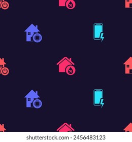 Set Mobile charging battery, Smart home, House humidity and  on seamless pattern. Vector