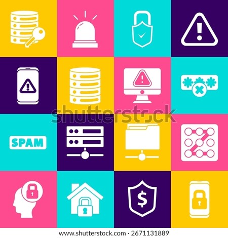 Set Mobile with closed padlock, Graphic password protection, Password, Lock and check mark, Server, Data, Web Hosting, exclamation, security key and Monitor icon. Vector