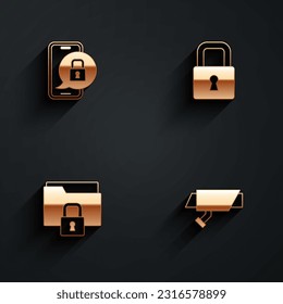 Ajuste móvil con candado cerrado, bloqueo, carpeta e icono de cámara de seguridad con sombra larga. Vector