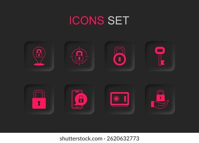 Set Mobile with closed padlock, Lock, Safe, Old key,  and  icon. Vector