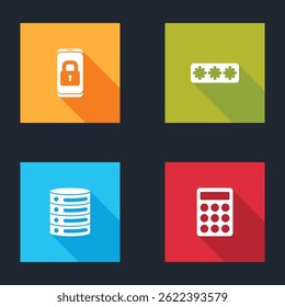 Set Móvil con candado cerrado, protección de Contraseña, Servidor, Datos, Alojamiento de Web e ícono. Vector
