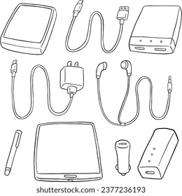 set of mobile device accessories, Charging cable, earphones, iPad,  illustration, line vector set