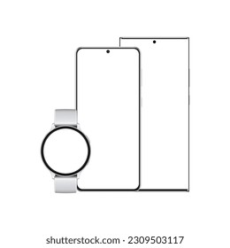 Set of Mobile Devices With Blank Screens - Frameless Smartphones and Wrist Watch. Vector Illustration