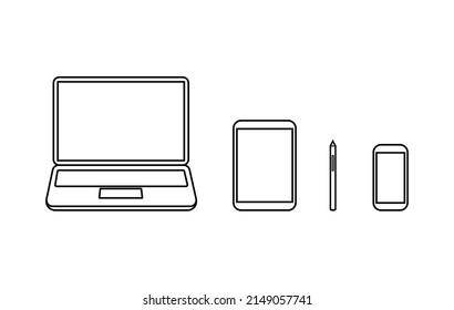 Set mobile devices outline icons vector EPS 10, isolated on a white background: laptop, pad, smartphone, computer. Home office, online education concept illustration.
